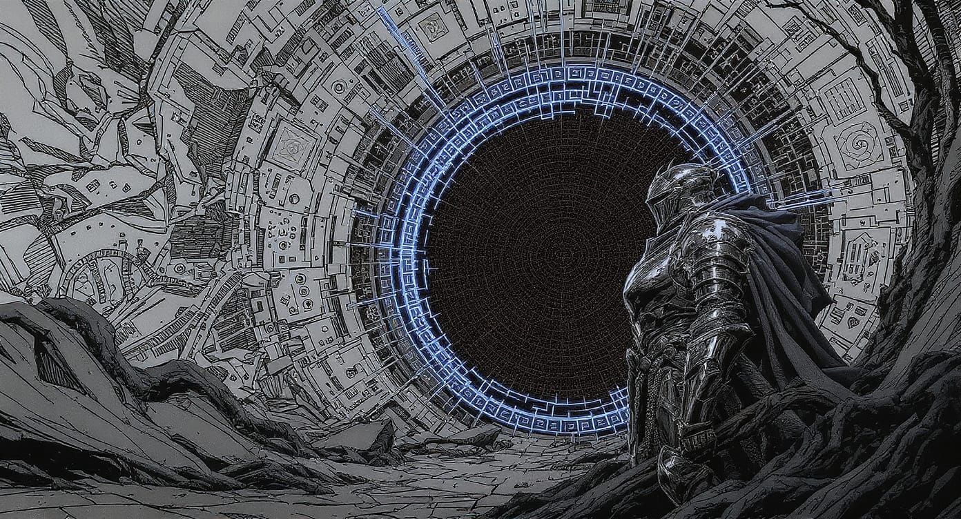 Knight Guards Mystical Portal in Dark Fantasy Art