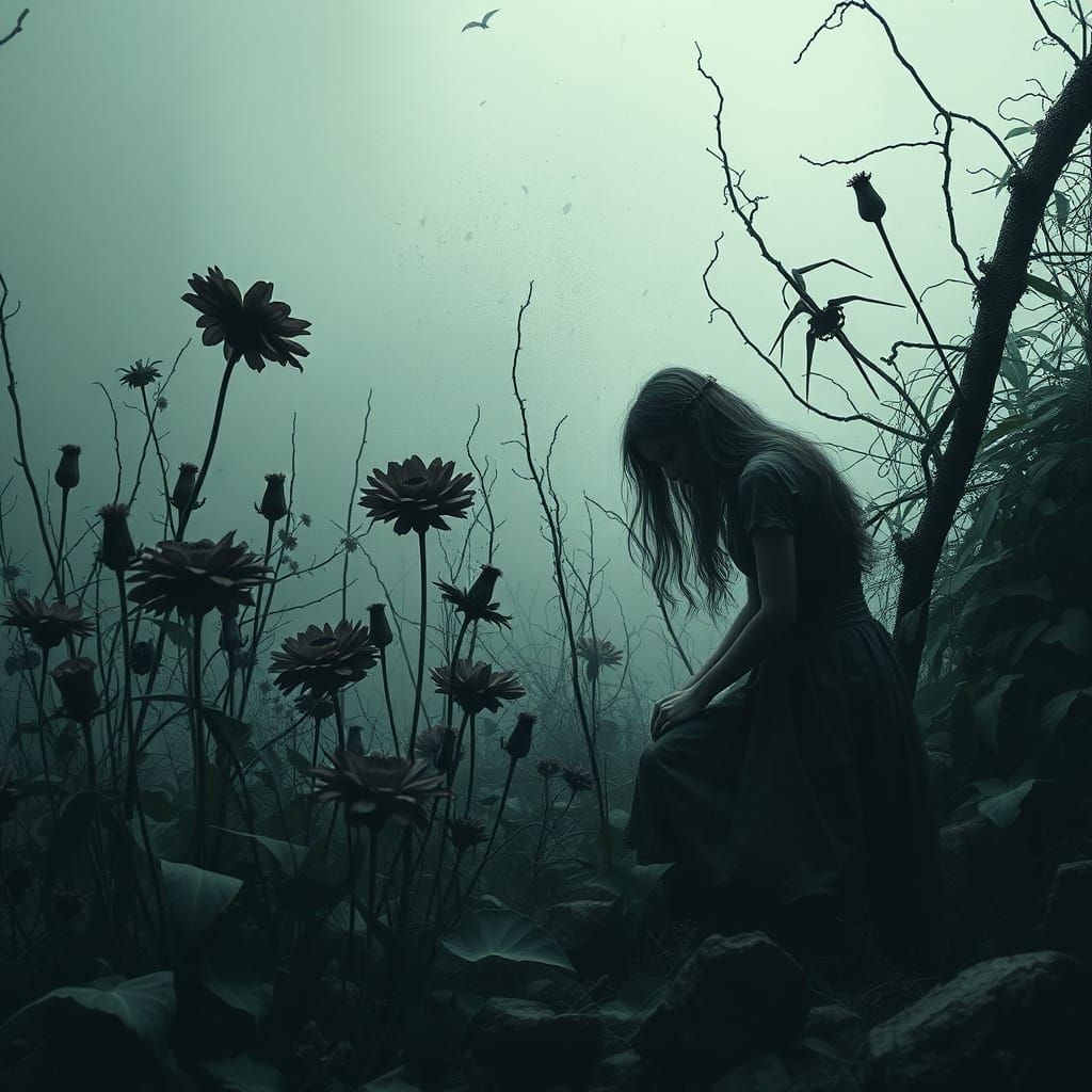 Mystical Flowers in Eerie Garden with Gritty Textures