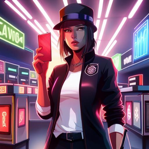Woman in Cyberpunk Store with Neon Lights