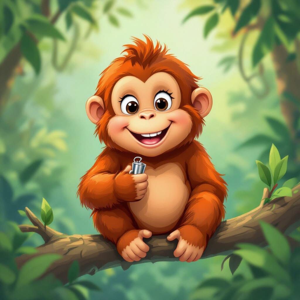Cartoon Orangutan With Whistle in Jungle, Children's Book St...