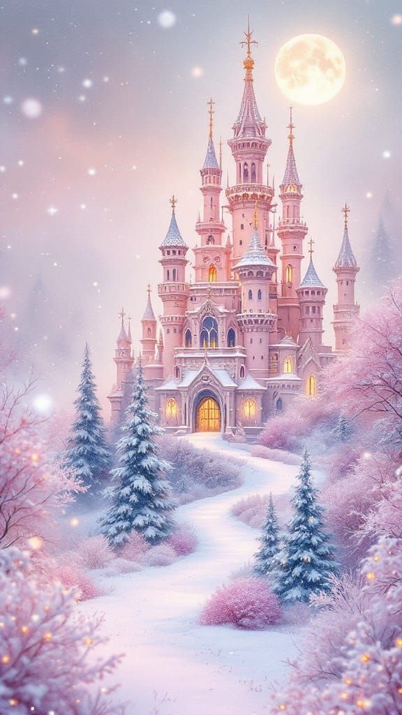 Whimsical Winter Castle in Soft Pink Hues, Glittering with M...