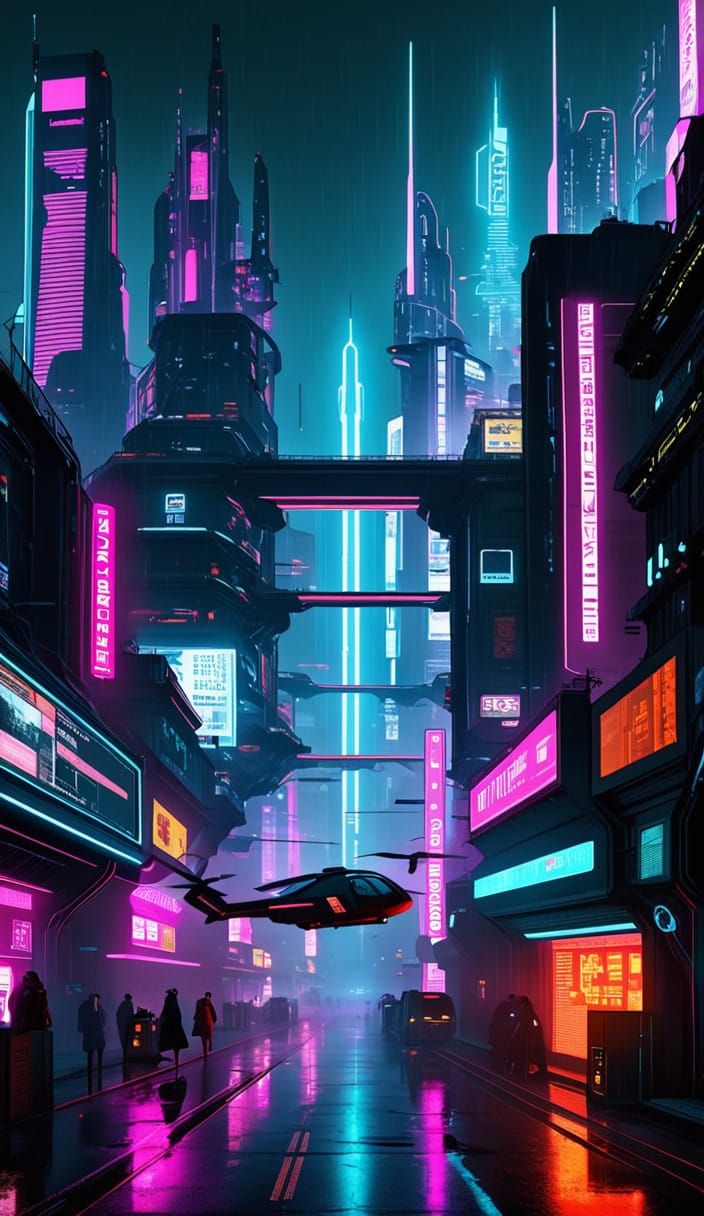 Neon-Lit Cyberpunk Metropolis at Night