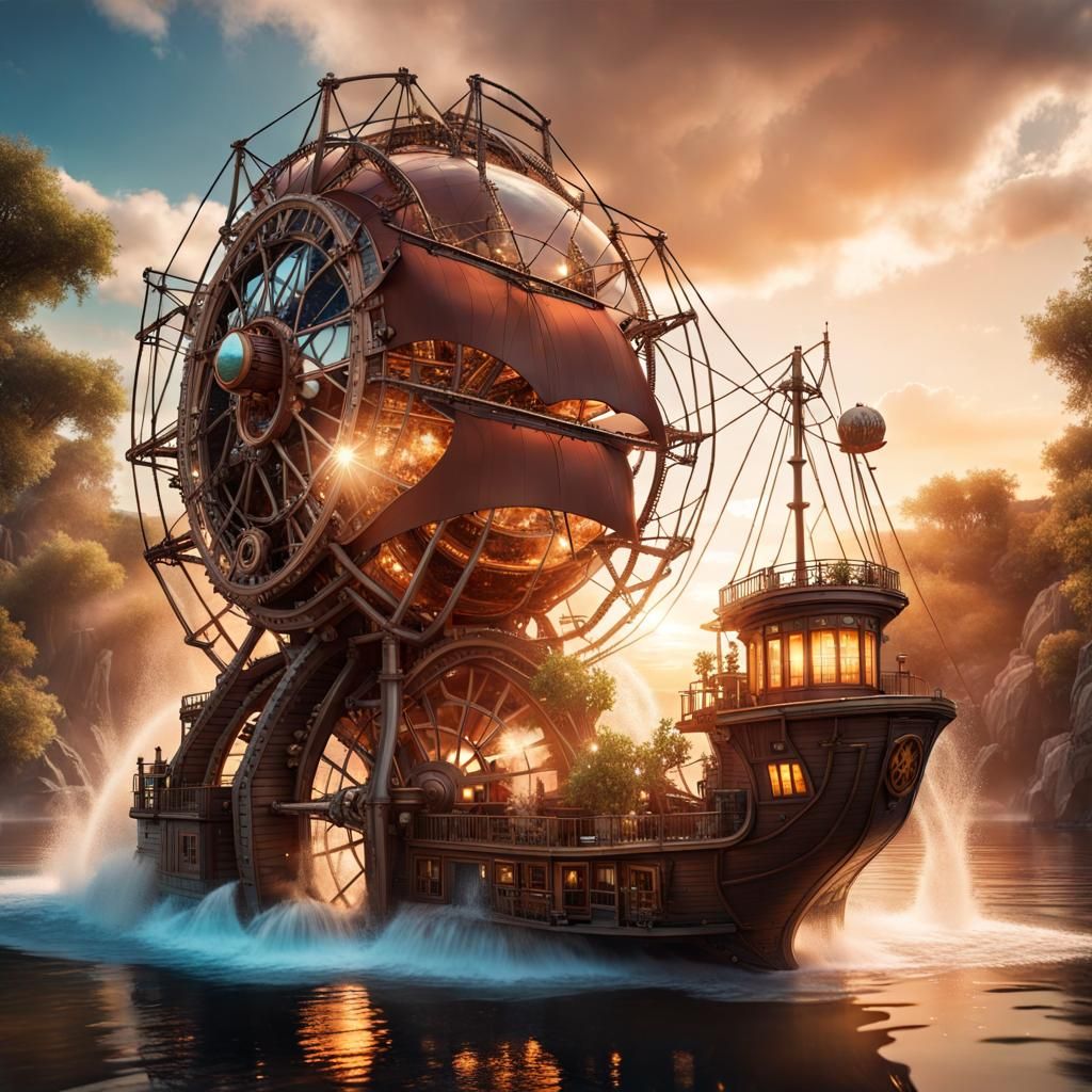 Steampunk Pirate Ship Transports Crystal Bonsai