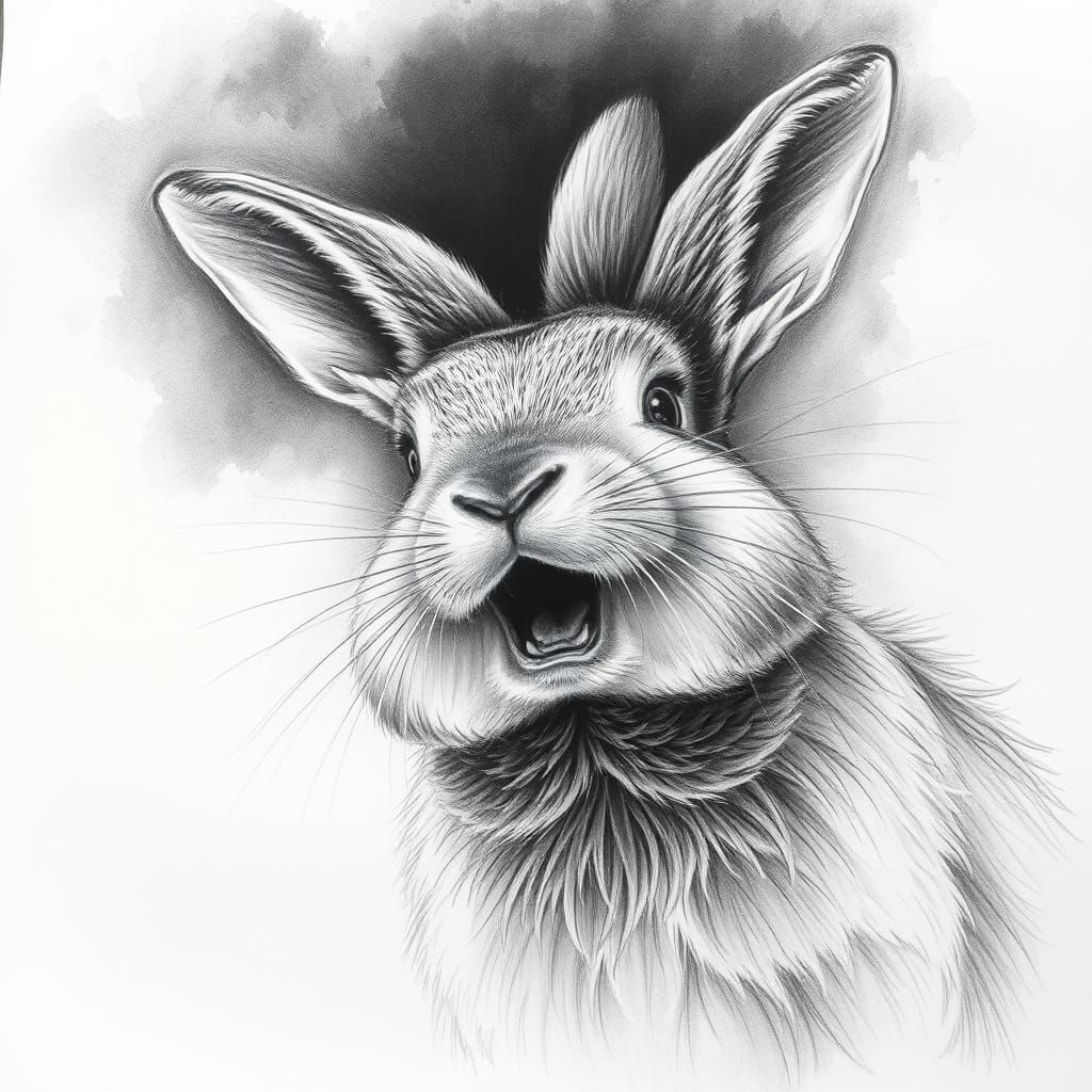 Hyperdetailed Charcoal Drawing of a Laughing Bunny