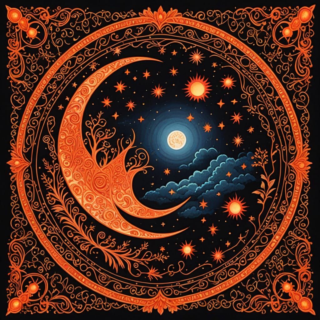 Embroidered Fantasy: Orange-Red Cosmic Moon