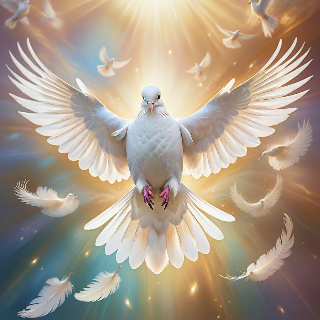 White Dove in Flight with Luminous Glow and Golden Rays