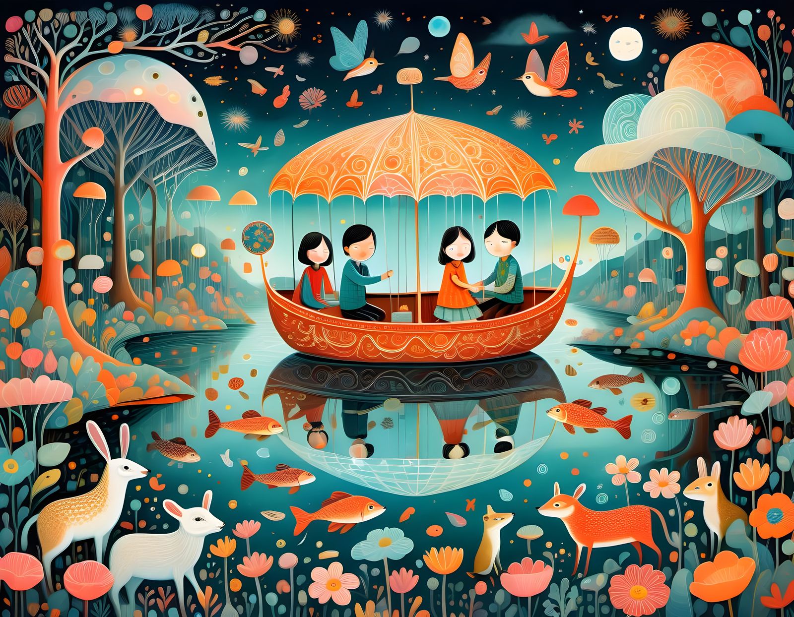 Magical Gathering in Dreamlike Whimsical Illustration