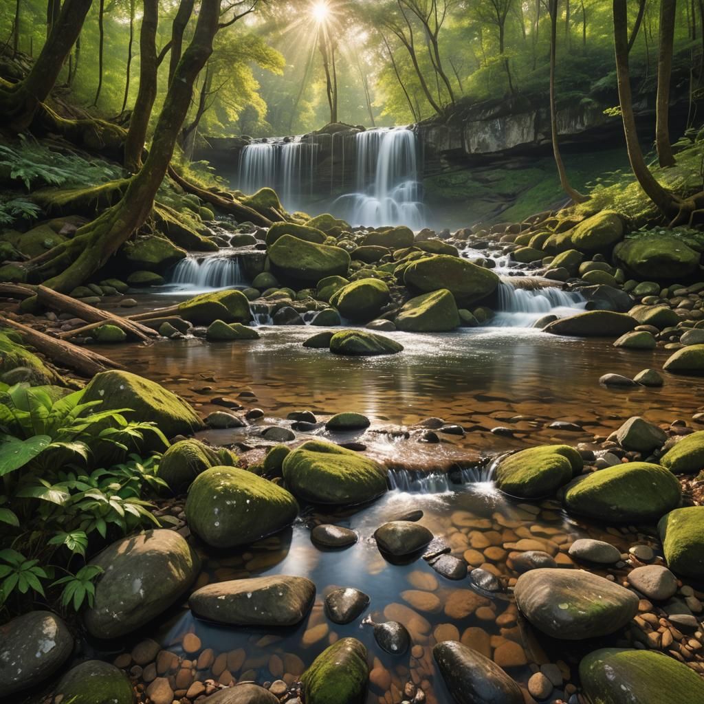 Serene Forest River Rocks Waterfall Photography