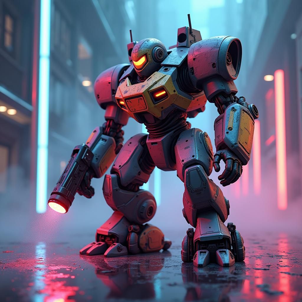 Futuristic Graffiti Mech in Sci-Fi Cityscape