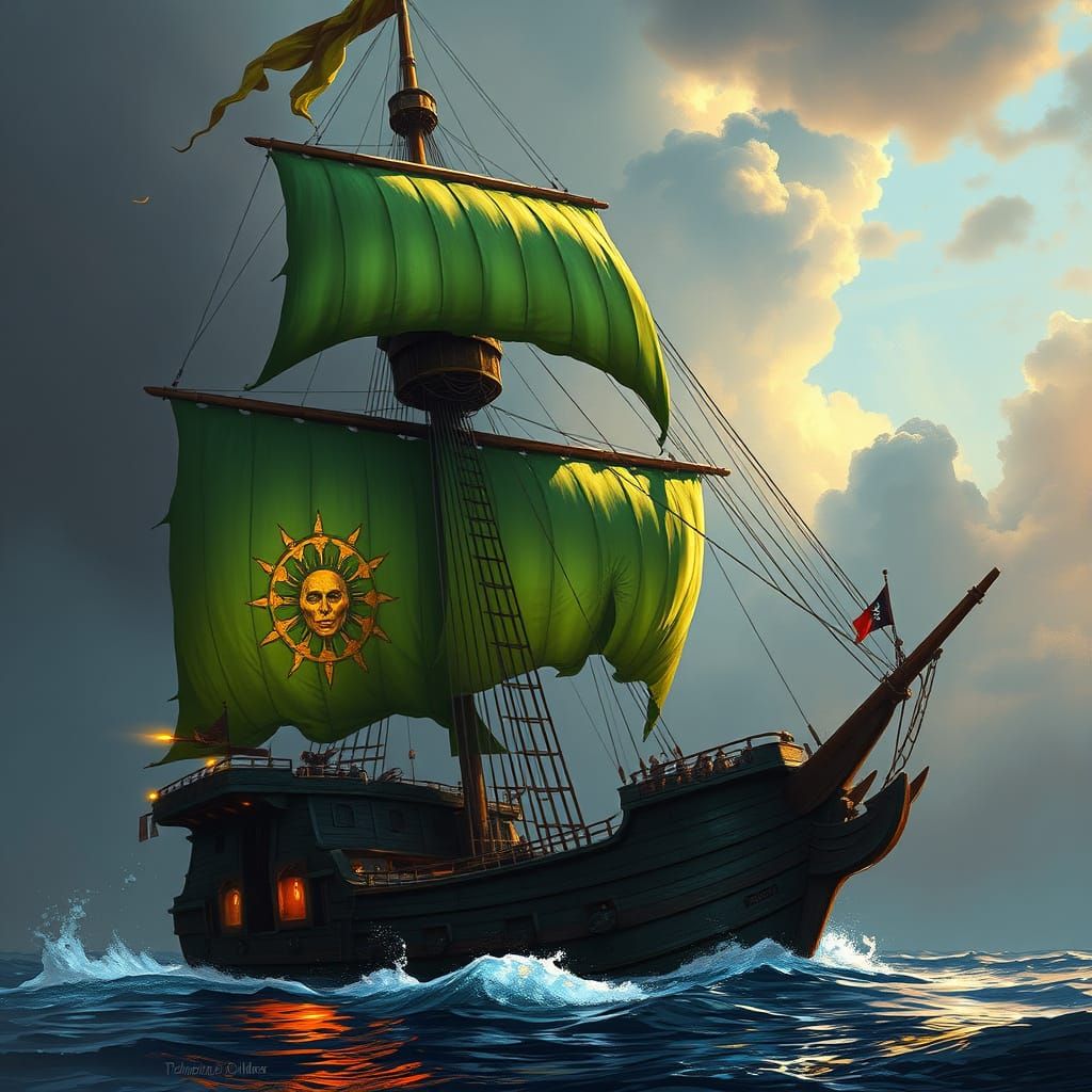 Pirate Ship with Green Sails in Digital Painting Style