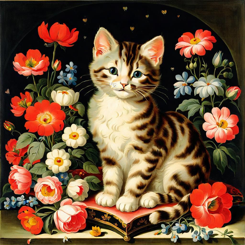 Cat on Pillow Surrounded by Flowers in Pastoral Style