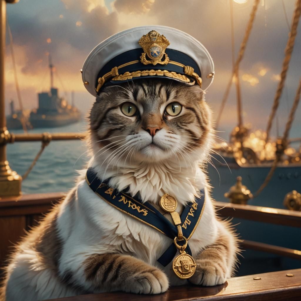 Cat Captain on Titanic: Nostalgic Oil Painting
