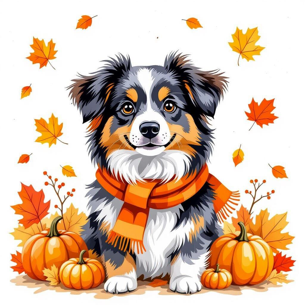 Watercolor Australian Shepherd in Autumn Landscape
