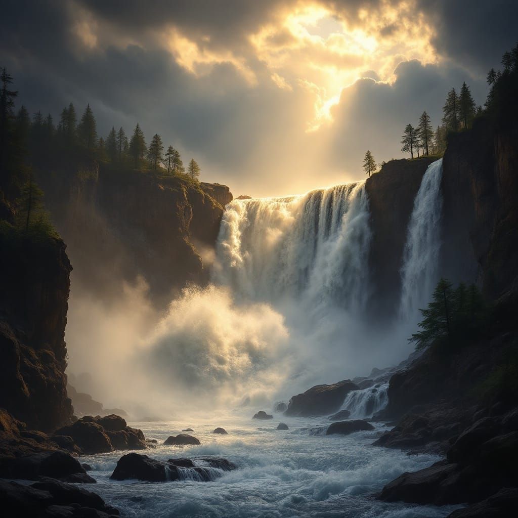 Surreal Waterfall Illuminated by Golden Light