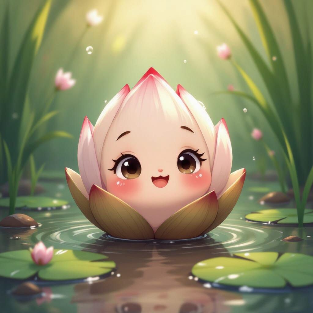 Cute Cartoon Baby Lotus Seed in Muddy Water