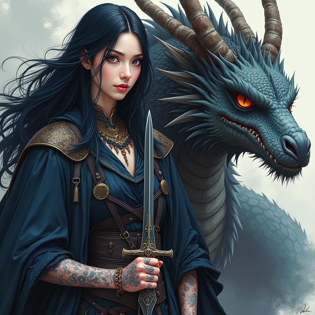 Villain and Dragon in Fantasy Art Style