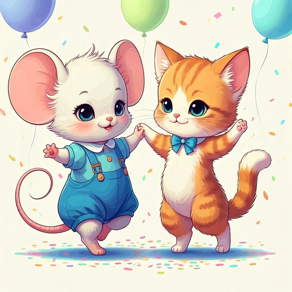 Chibi Mouse and Kitten Dance in Kawaii Style