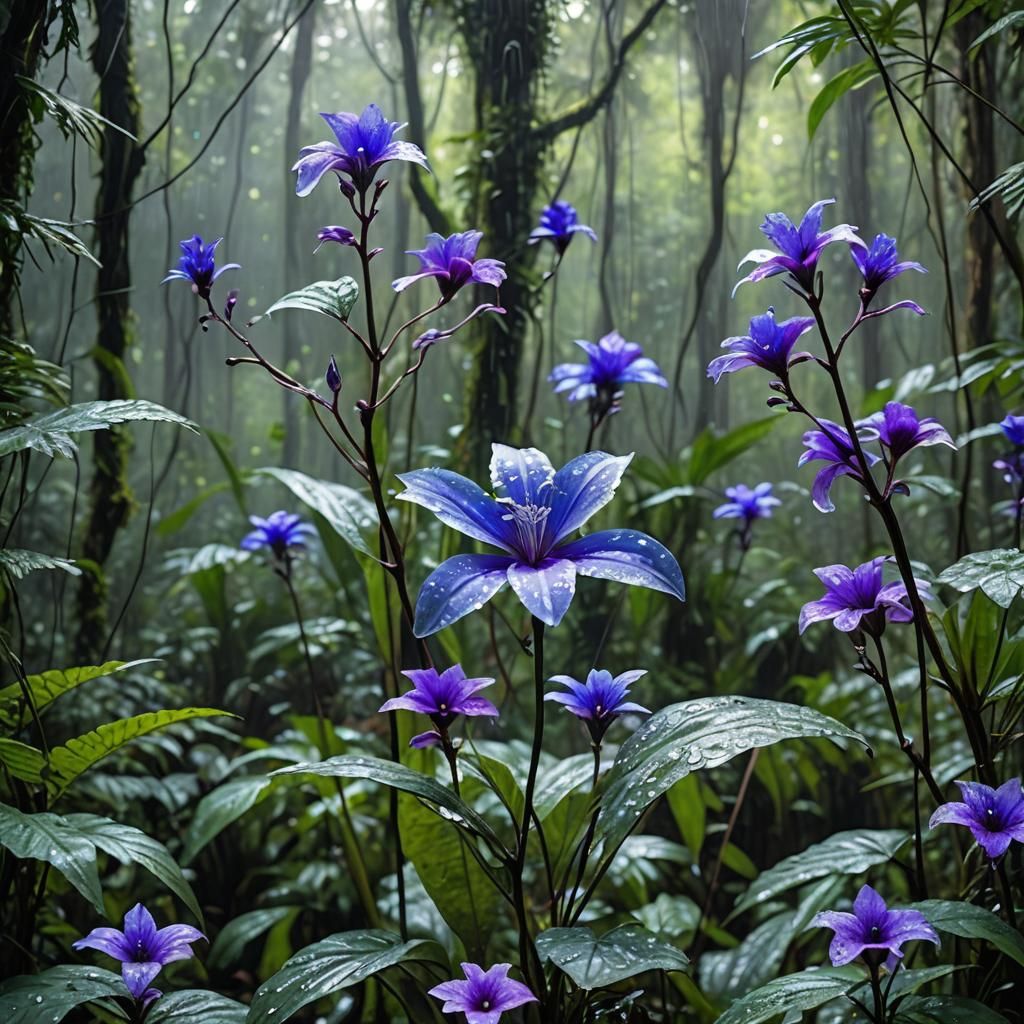 Enchanted Silver Blue Flower in Magical Rainforest