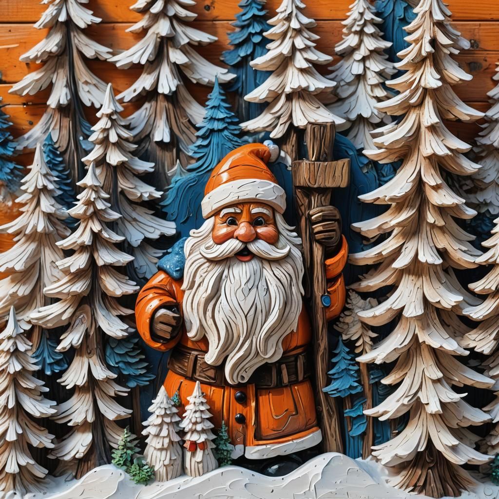 A wooden hand carved π
π§βπ with a snowman, pine trees in the back ground