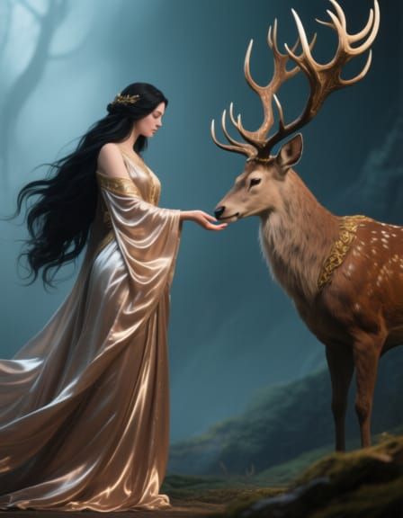 Goddess Touches Stag in Deep Color Unreal Engine