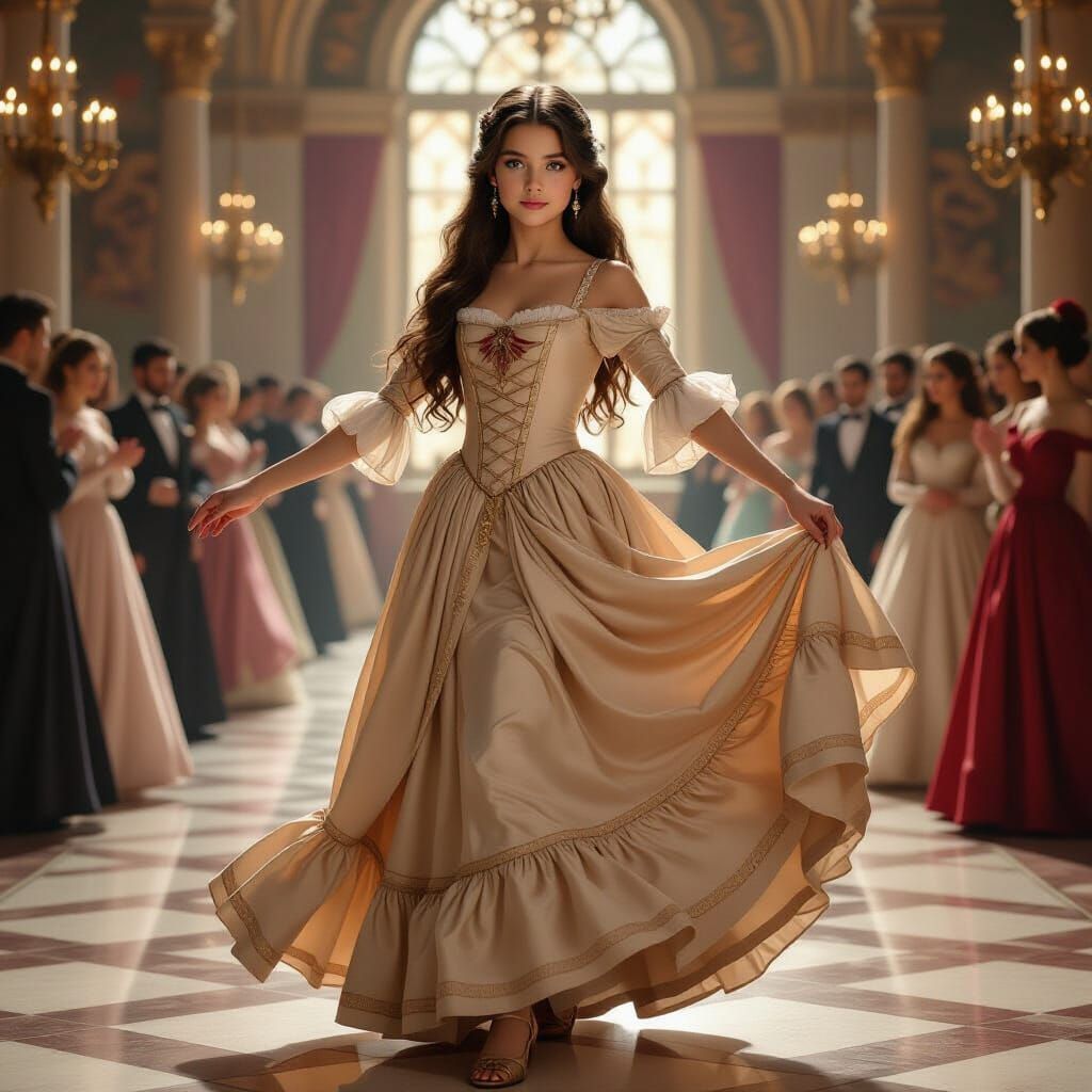 15th Century Girl Poses in Grand Ballroom, Hyperrealistic St...