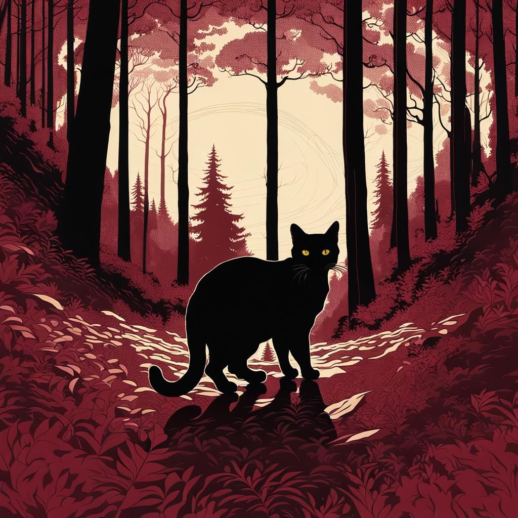 Cat Silhouette in Burgundy Forest, Fisheye Lens