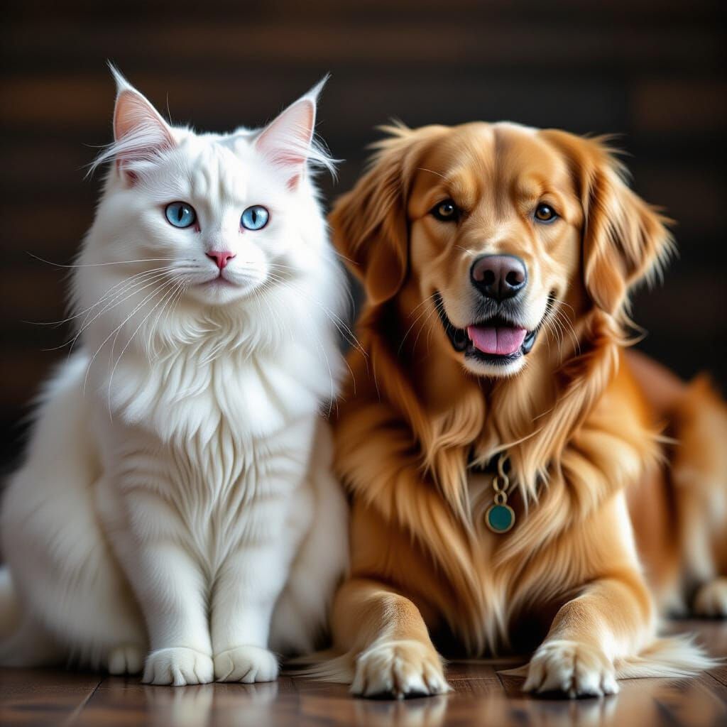 Albino Cat & Golden Retriever in Realistic Studio Photo