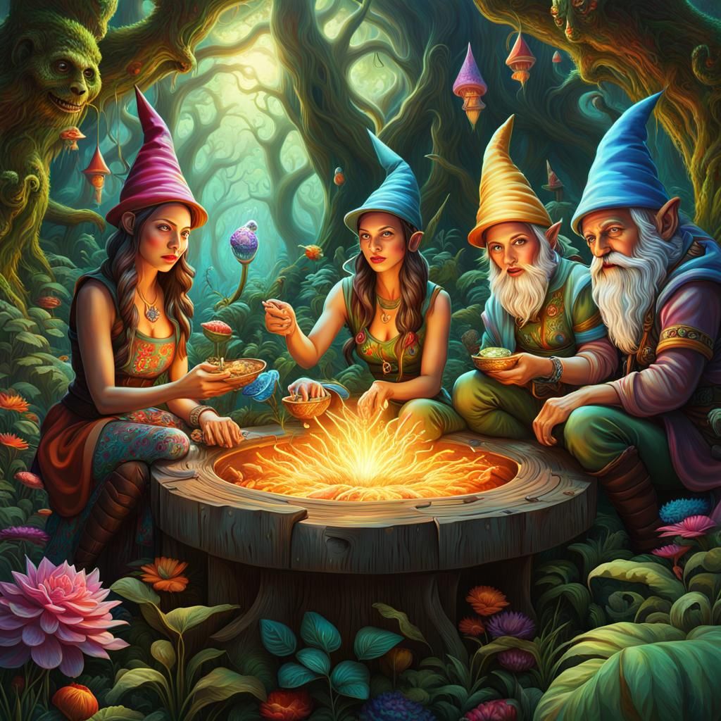 Psychedelic Forest Bartering: Empowered Woman and Gnomes