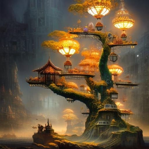 Clockpunk Crystal Bonsai Village Digital Painting