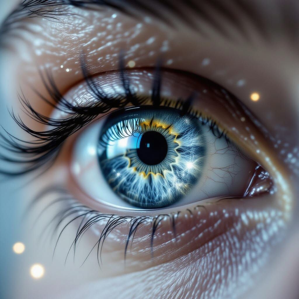 Magical Gray Eye Close-Up with Silver Filigree and Luminesce...