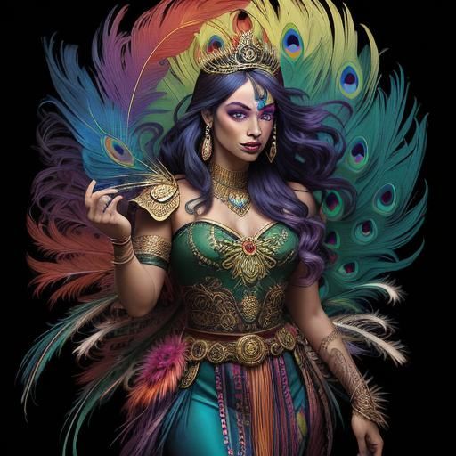 Rainbow Woman with Peacock Feathers in Comic Book Art