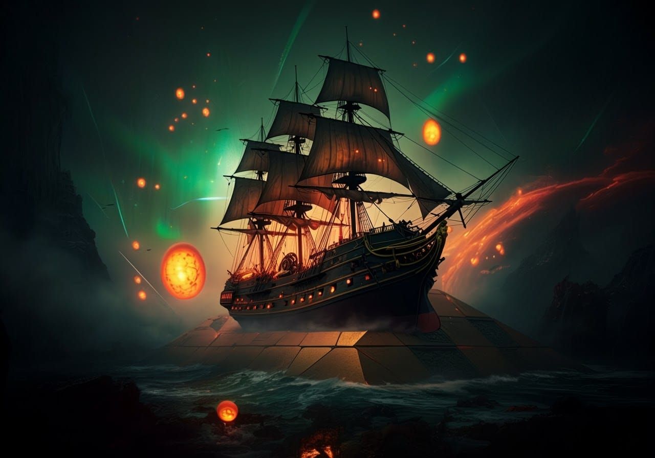 Steampunk Pirate Ship with Glowing Lights