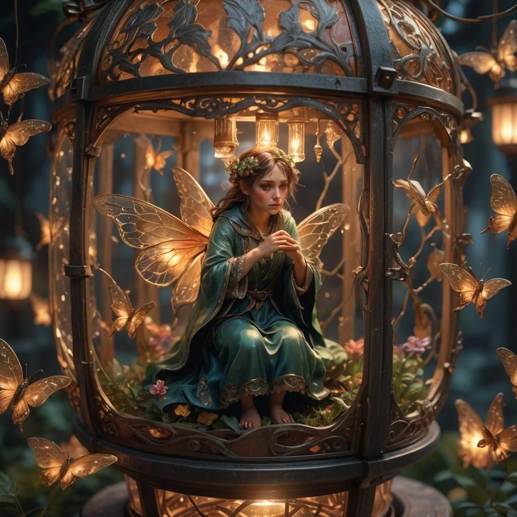 Fairy Trapped in Lantern: Detailed Art Nouveau Portrait