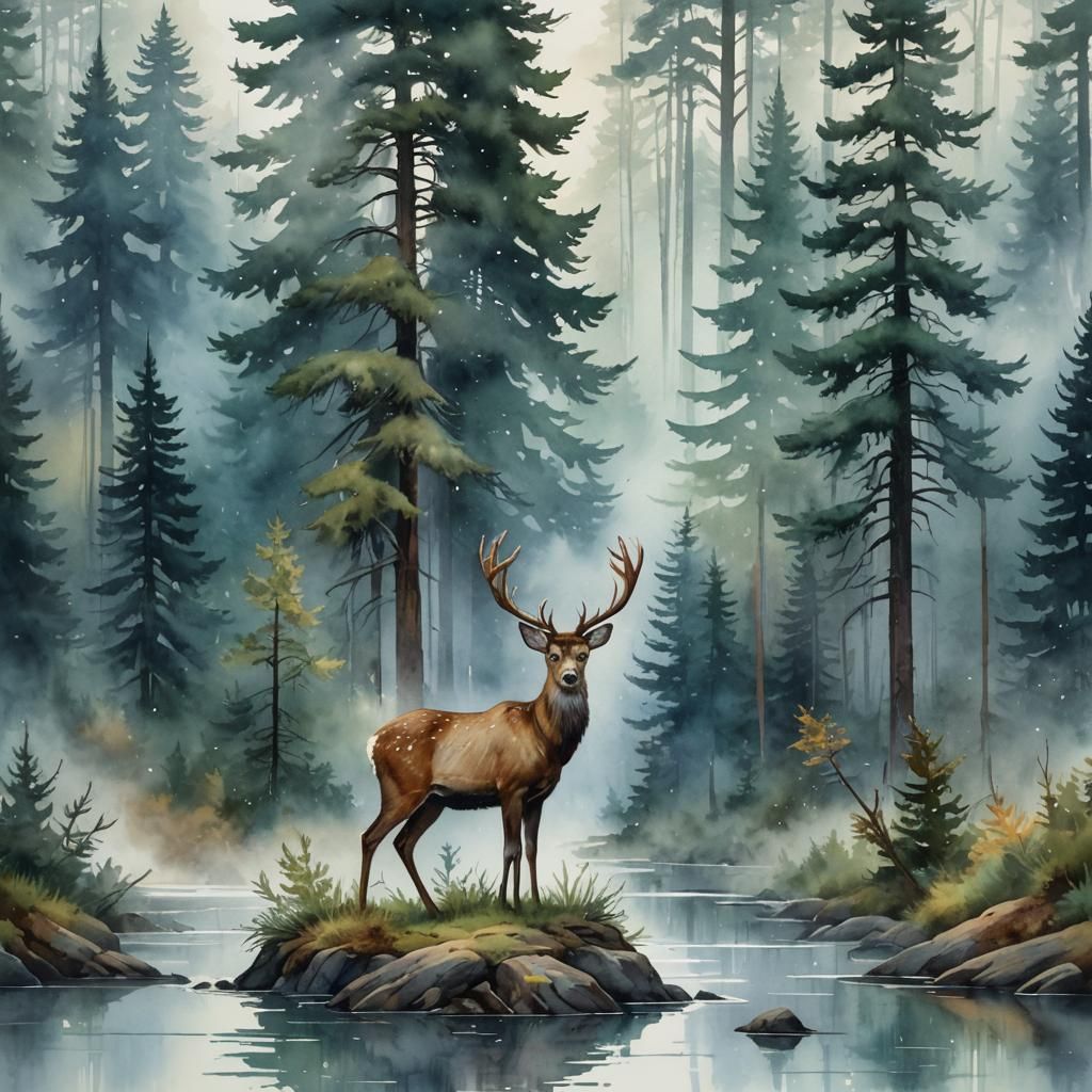 Feather Adorned with Rainy Forest Watercolor Landscape