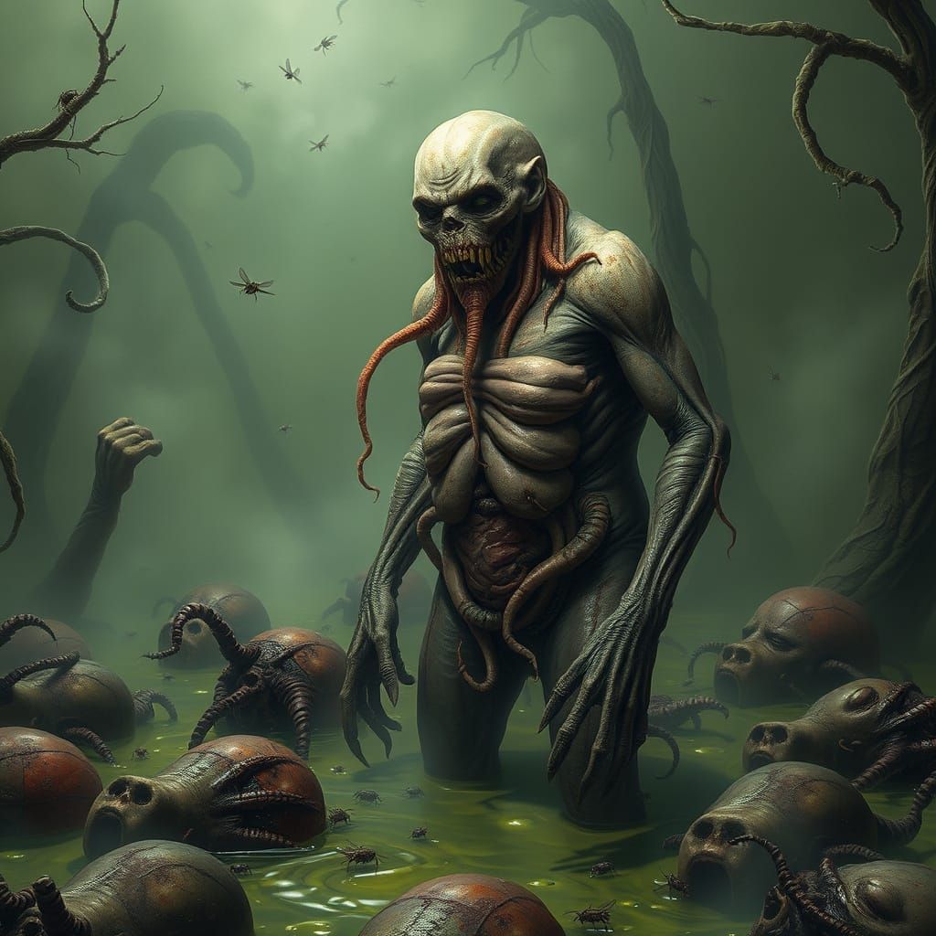 Horrifying Bloated Creature in Decayed Swamp