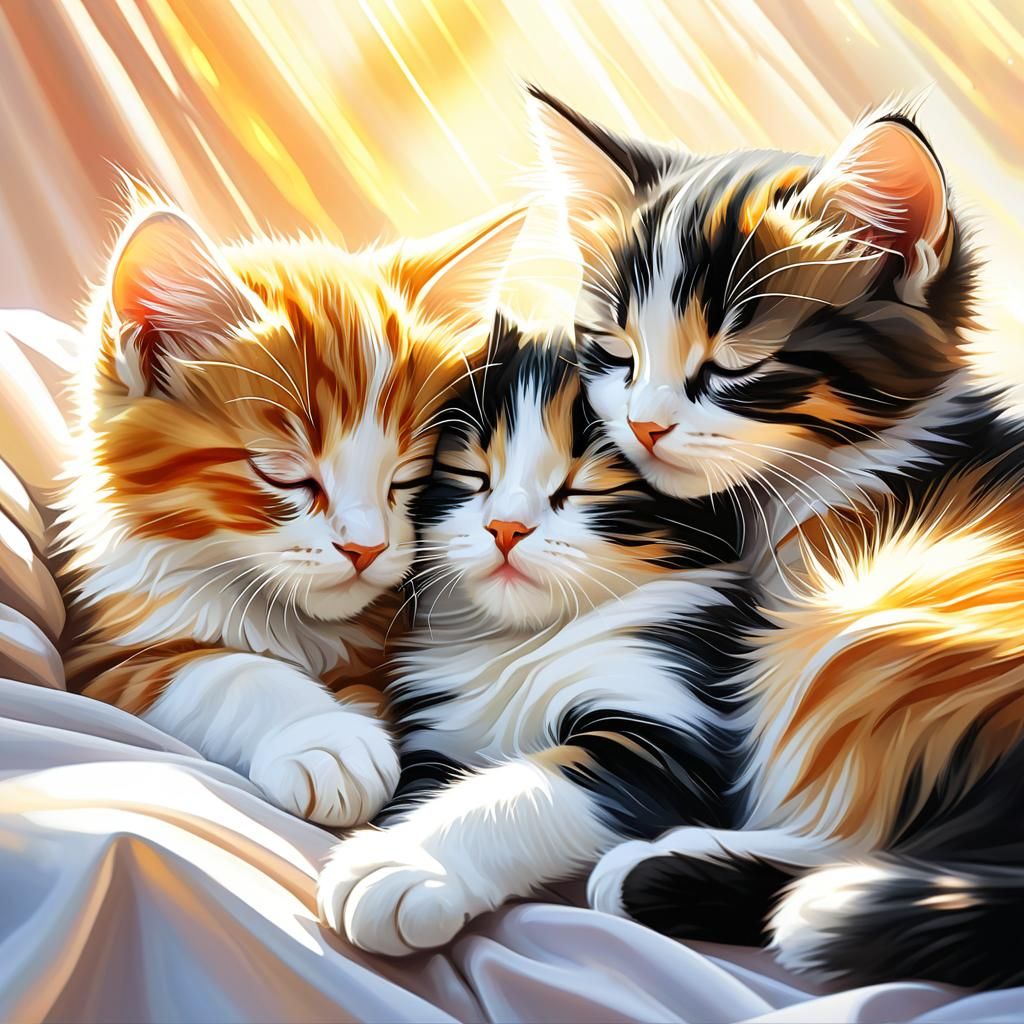 Calico Kittens Cuddle in Sunlight: Watercolor Art