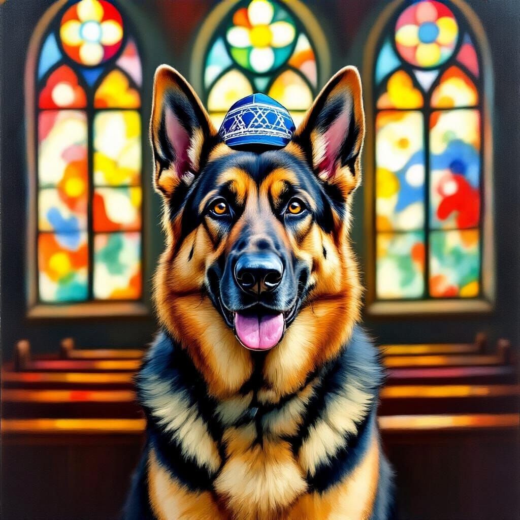 German Shepherd in Synagogue, Chagall-esque Style