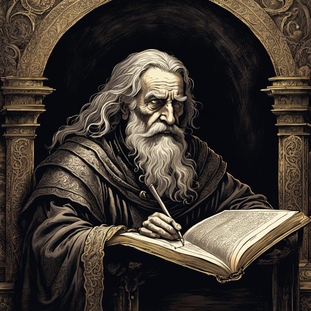 Scholar Studying Ancient Tome in Gustave Doré Style