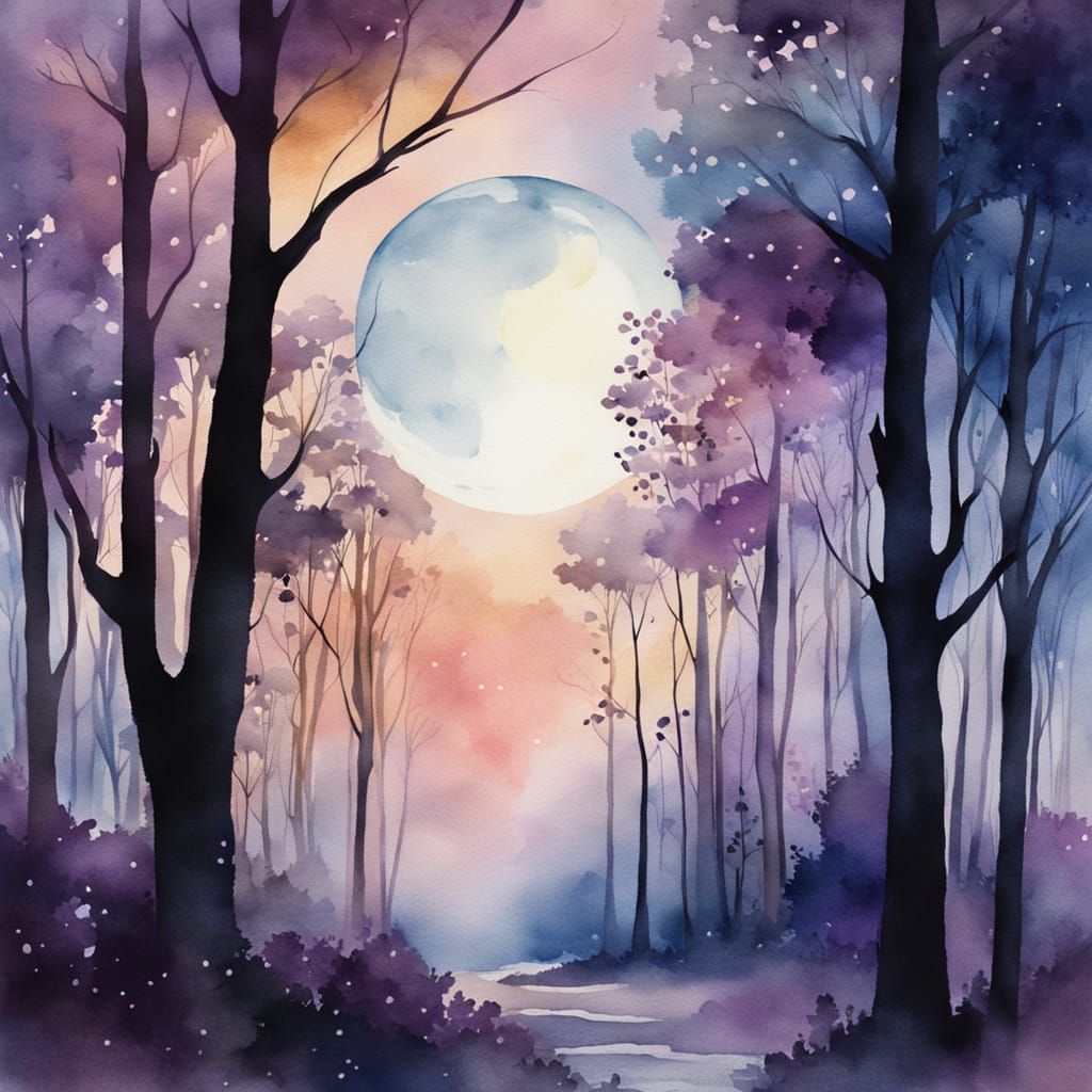 Watercolour Moonlit Forest in Whimsical Style