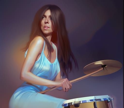 Pretty Female Drummer Portrait in Art Nouveau Style
