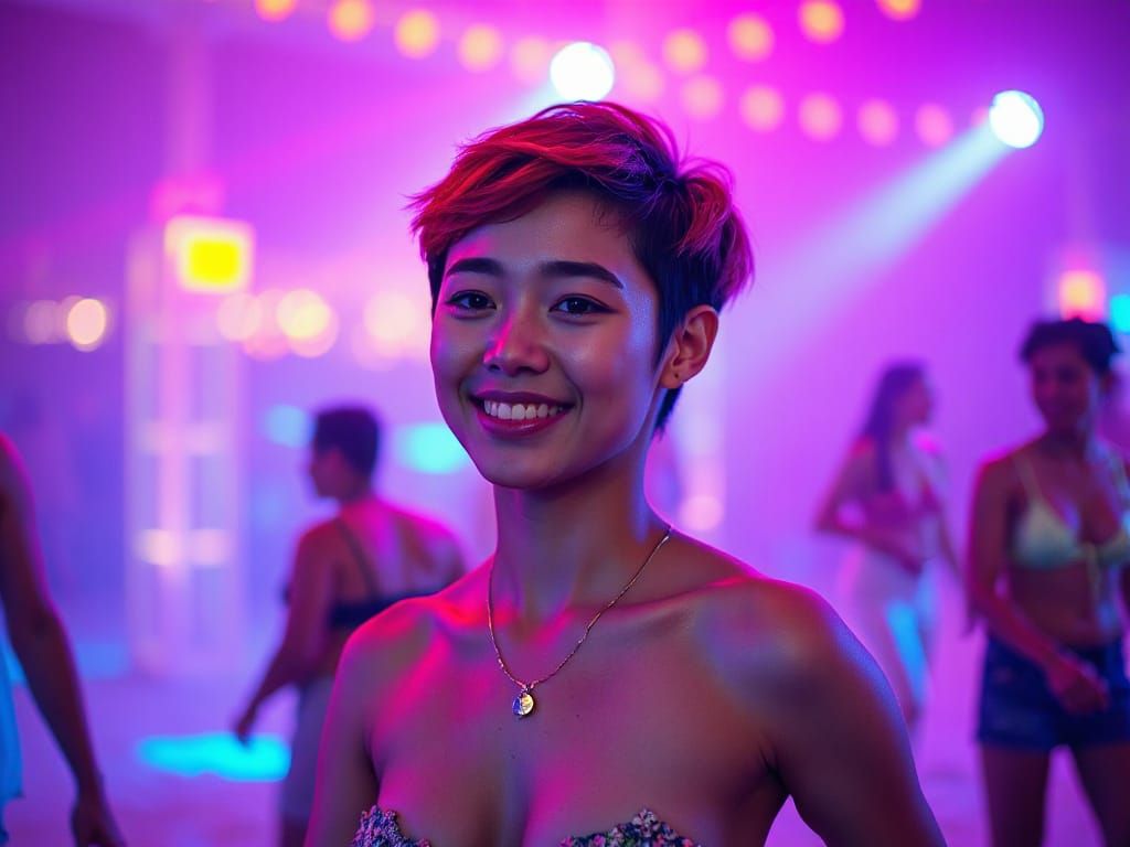 Asian Woman with Red Pixie Cut Dancing in Rave