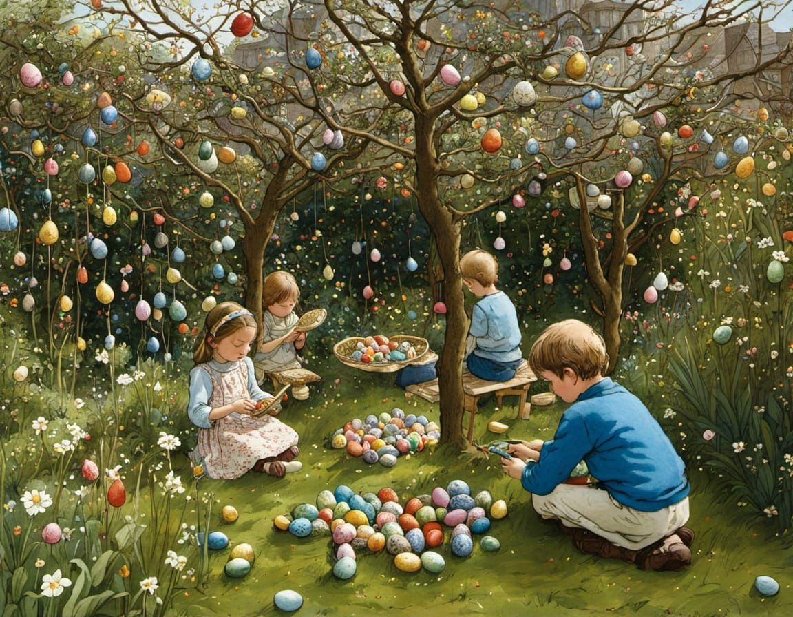 Children Paint Easter Eggs in a Garden Scene with Intricate ...