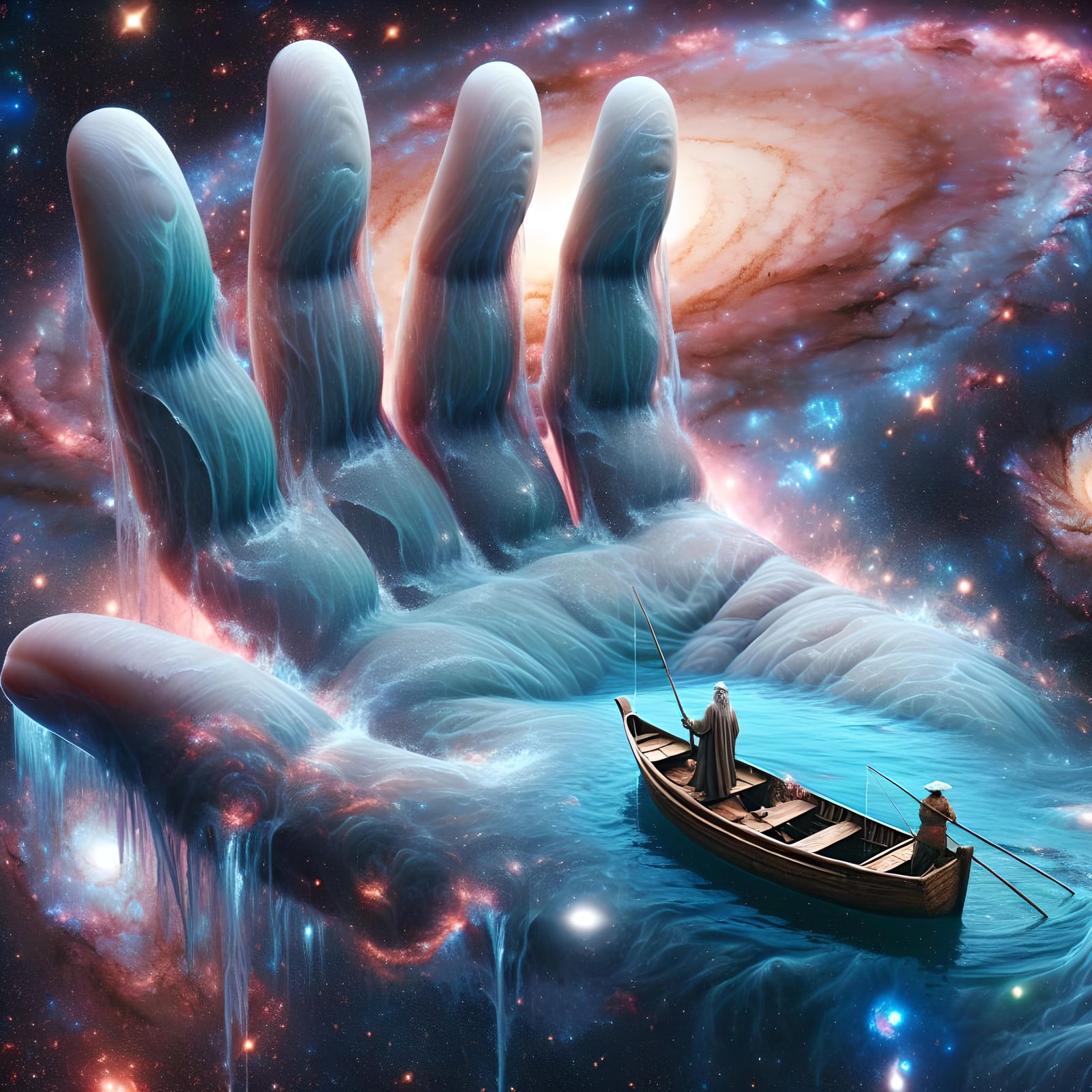A colossal water hand, made entirely of water, is floating in the vastness of outer space. The fluid hand forms a surrea...