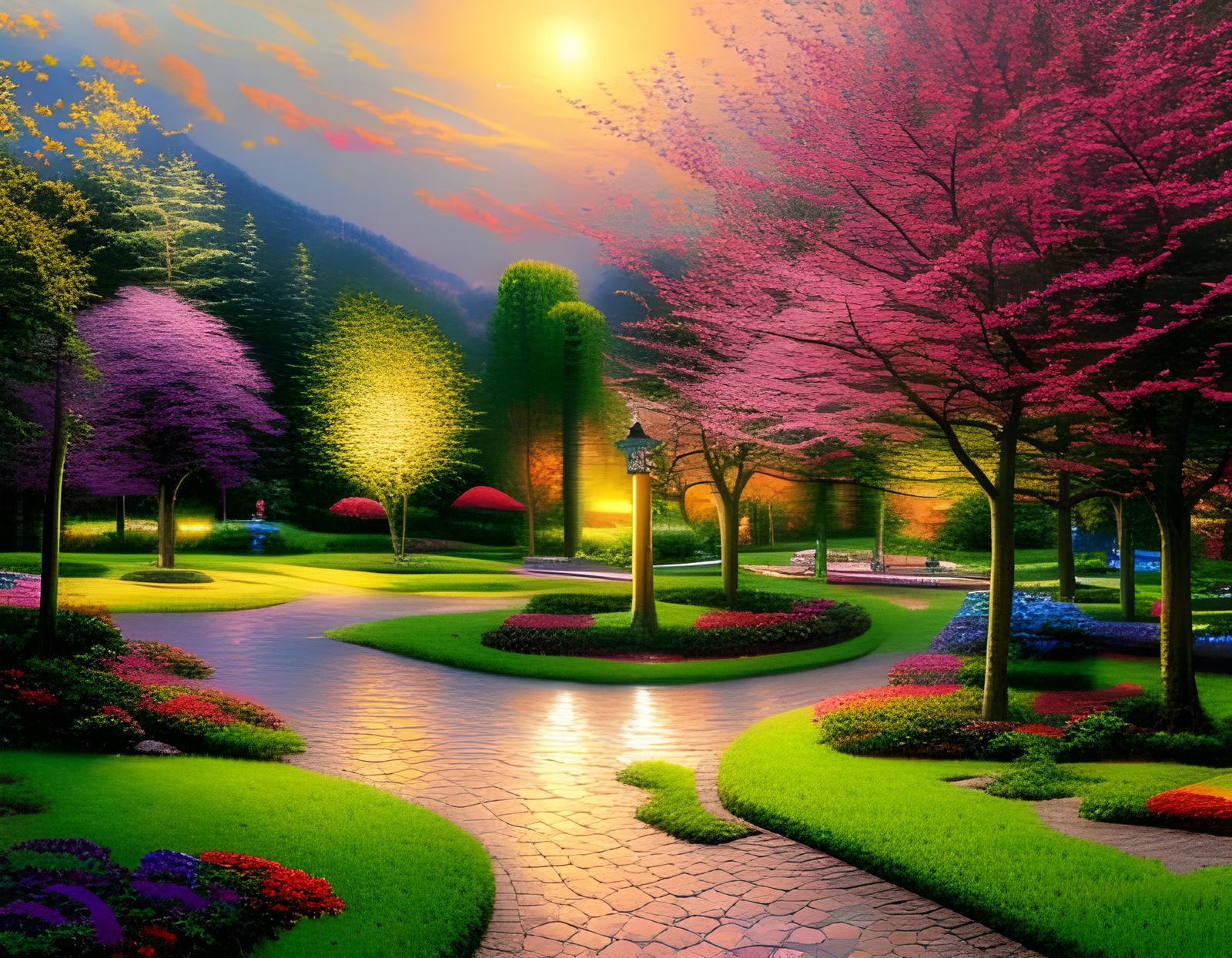 Beautiful Garden with Cherry Trees in Detailed Lighting