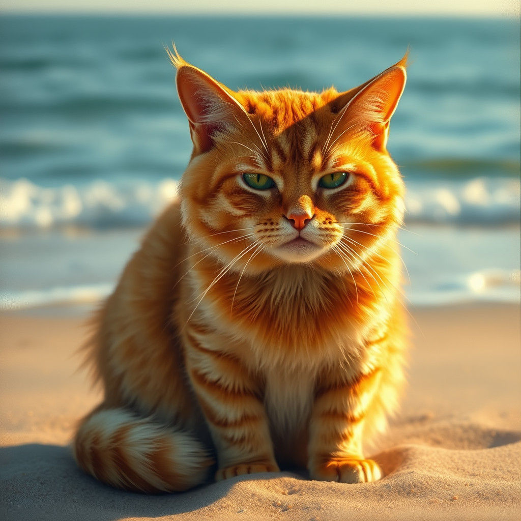 Distressed Orange Cat Cries on Beach