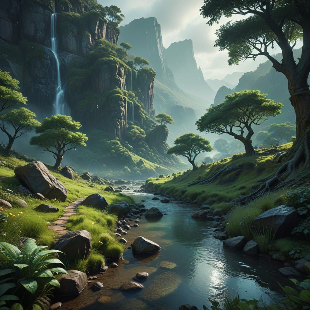 Surreal Emerald Valley Landscape with Winding River