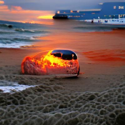 Burning Car on Beach at Sunset
