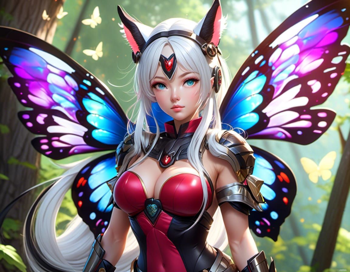 Butterfly Woman with Fox Ears in Forest