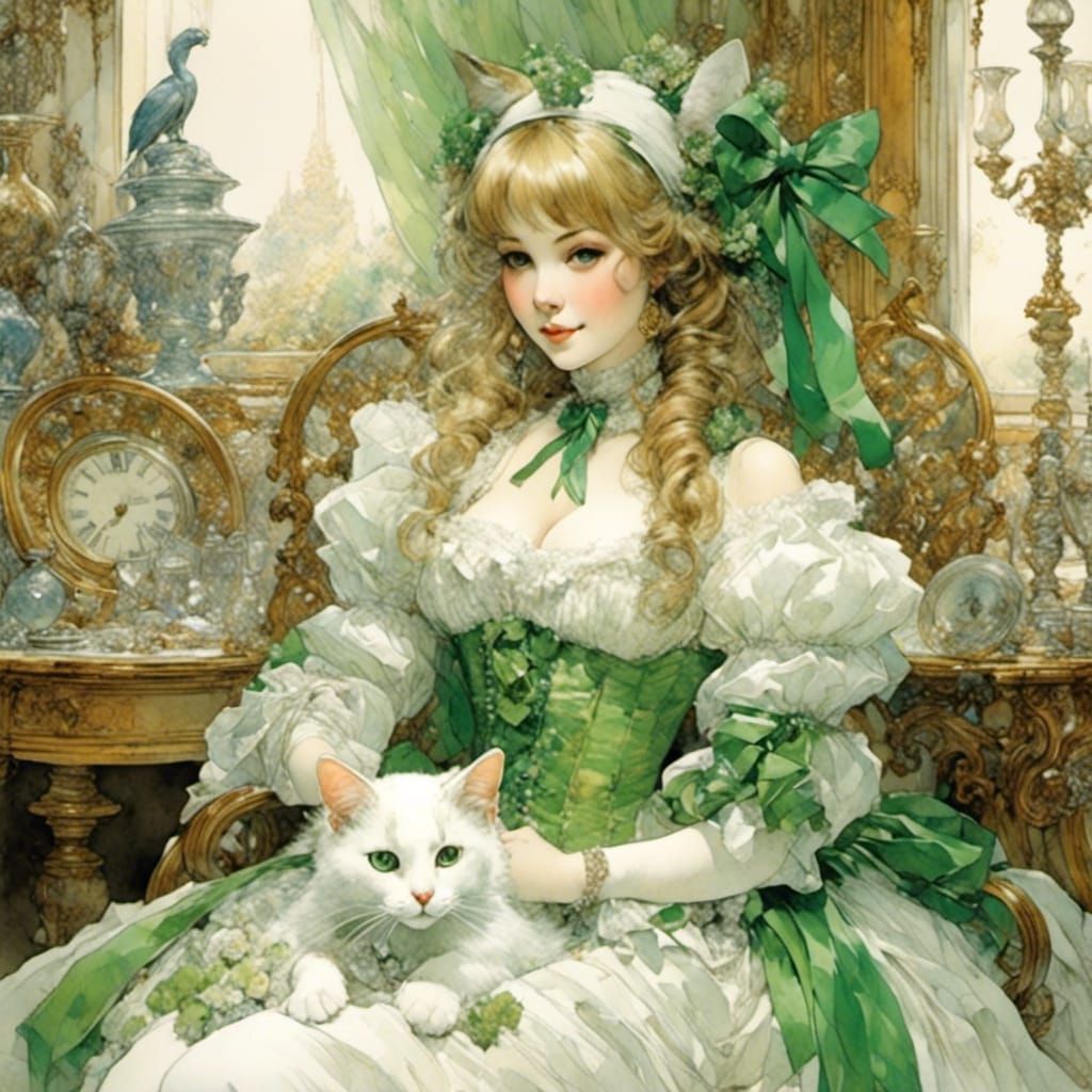 Girl and Cat in Stylized Watercolor Art