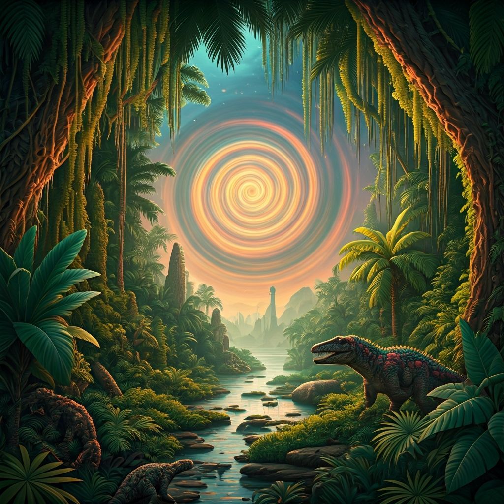 Lush Jurassic Landscape with Cosmic Elements